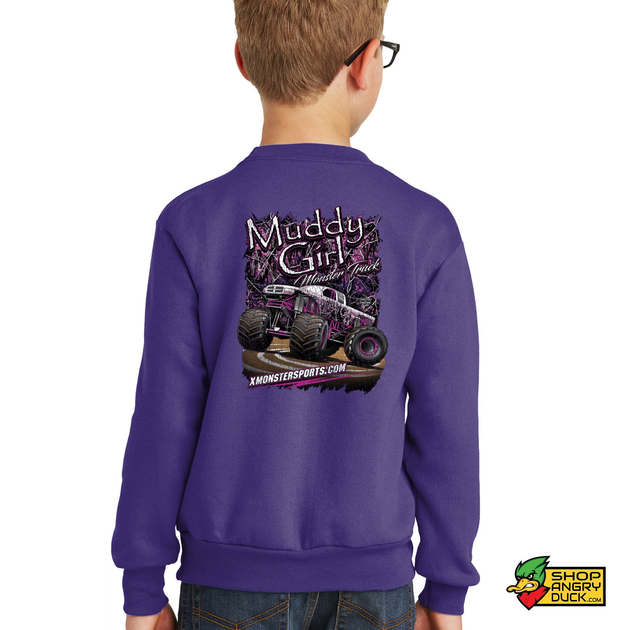 Muddy Girl Monster Truck Youth Crewneck Sweatshirt