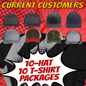 T-shirt & Hat Package: 10 T-shirts & 10 hats (current customers)