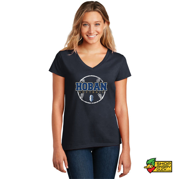 Hoban Softball Faded Ball Ladies V-Neck T-Shirt